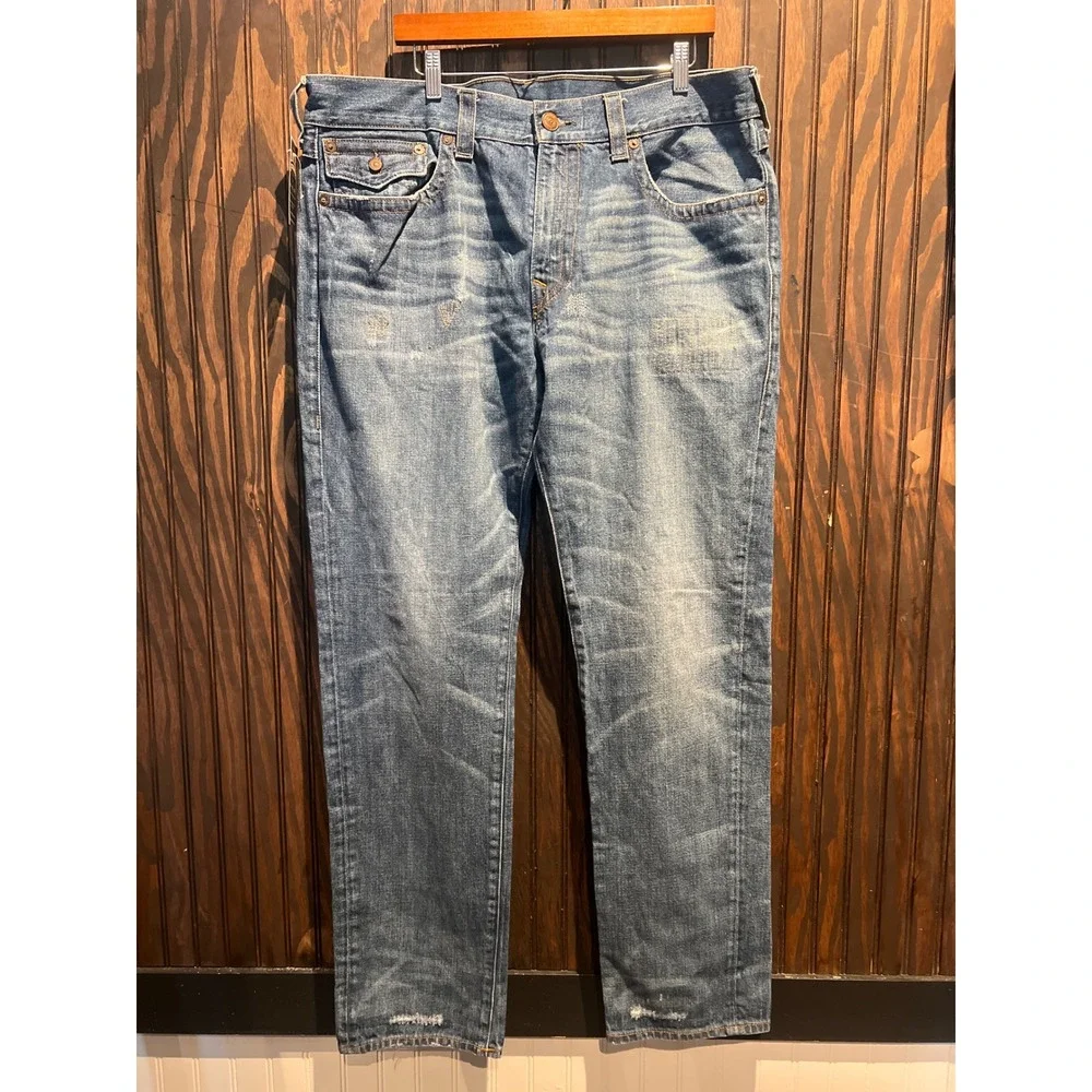 True Religion Ricky Straight Leg Jeans Mens 40x31 Medium Wash Distressed Blue